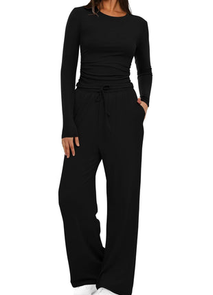 2 Pieces Women's Suit Autumn Winte Long Sleeve Tops High Waisted Wide Leg Pants Sportswear Female Clothes Solid Color Casual Suit