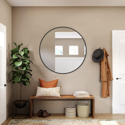 Round Wall Mirror 50x50cm Metal Frame Black Bathroom Living Room Decor ZENIDA