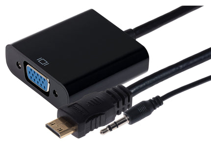 Maplin Mini HDMI Male to VGA Female / 3.5mm Audio Port Adapter - Black, 15cm