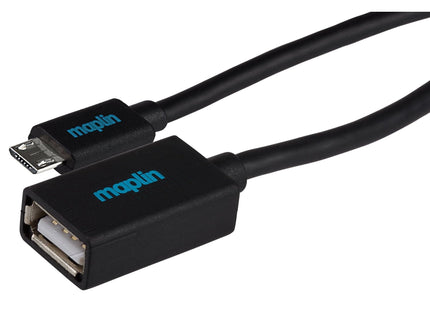 Maplin Micro USB Male to USB-A 2.0 Female Adapter Cable - Black, 0.15m