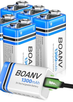 6 Pack 9V Rechargeable Batteries 1300mAh, 9V Rechargeable USB Lithium Long Lasting Battery, with 2 in 1 Charging Cable, for Smoke Detectors, Alarms, Keypad, Microphone