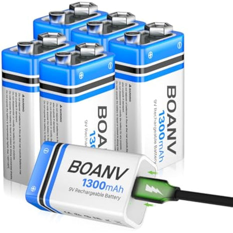 6 Pack 9V Rechargeable Batteries 1300mAh, 9V Rechargeable USB Lithium Long Lasting Battery, with 2 in 1 Charging Cable, for Smoke Detectors, Alarms, Keypad, Microphone