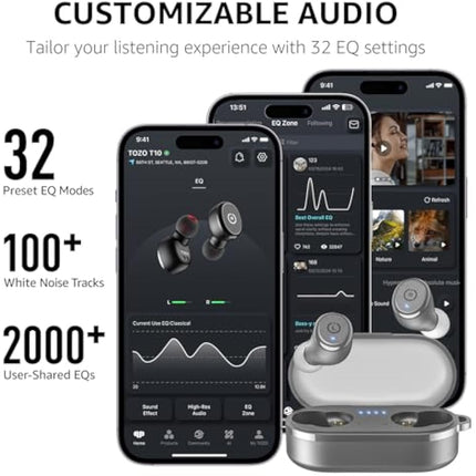 TOZO T10 Wireless Earbuds Bluetooth 5.3 Headphones, App Customize EQ, Ergonomic Desigh, 55H Playtime, Wireless Charging Case, IPX8 Waterproof Powerful Sound in-Ear Headset Grey(New Upgraded)
