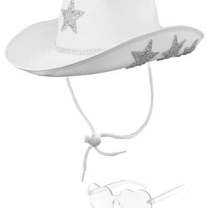 DAJOOEE White Cowgirl Hat Glitter Star Cowboy Hat with Heart Sunglasses - Fits Women for Bachelorette Themed Party