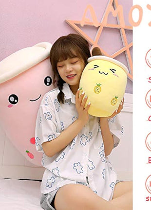 AMOZO Cute Cartoon Boba Milk Tea Soft Plush Doll, Giant Boba Bubble Plushie Stuffed Tea Cup Pillow Gift Toys(Pink,35cm)