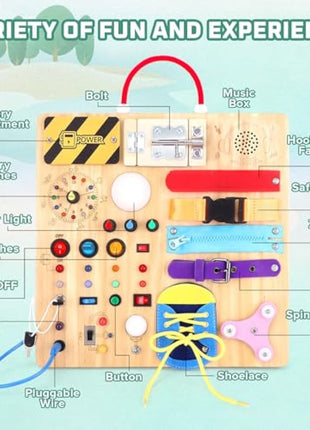 23 in 1 Busy Board Montessori Toys from 1 year Activity Board Wooden Toy With 15 Switches, 26 LED Lights, Motor Skills Toy for 1 2 3 year old boys and girls