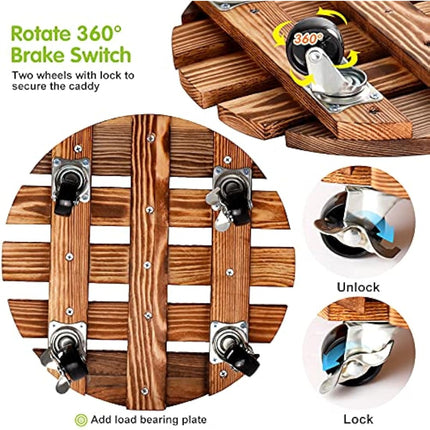 2 Pack Plant Caddy Wooden Plant Stand with Wheels 12 Inch-30 CM Round Plant Roller with Metal Lockable Caster Wheels Heavy Duty Rolling Plant Stand Plant Dolly