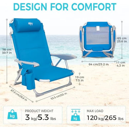 #WEJOY 4-Position Adjustable Beach Chair for Adults, Folding Low Camping Chairs Aluminum Lightweight & Portable, High Back Pillow Pocket Outdoor Reclining Garden Chair