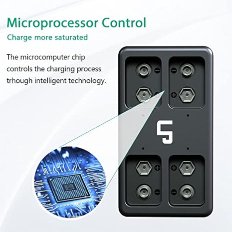 9V Rechargeable Battery Charger Pack, LP 4-Pack 600mAh 9 Volt Li-ion Batteries & 4-Bay Battery Charger for Alarms, Wireless Microphones, Smoke Detectors, Toys, Flashlights, Guitar, Keyboard & More