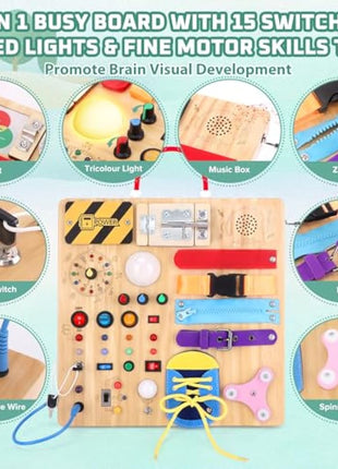 23 in 1 Busy Board Montessori Toys from 1 year Activity Board Wooden Toy With 15 Switches, 26 LED Lights, Motor Skills Toy for 1 2 3 year old boys and girls