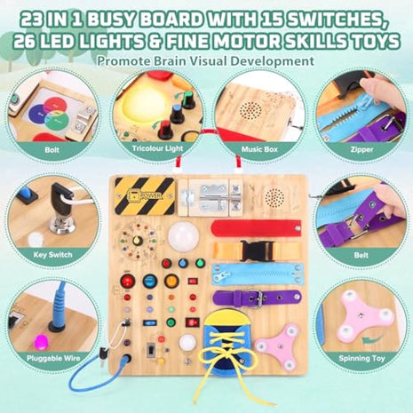 23 in 1 Busy Board Montessori Toys from 1 year Activity Board Wooden Toy With 15 Switches, 26 LED Lights, Motor Skills Toy for 1 2 3 year old boys and girls