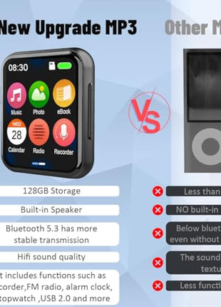 128GB MP3 Player with Bluetooth 5.3, Portable Digital Lossless Music Player with Built-in Speaker, 2.0 in Full Touch Screen, HiFi Sound, FM Radio, Voice Recorder, Earphones Included