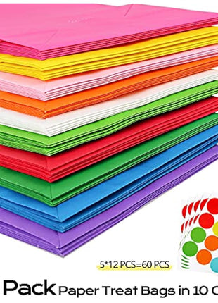 50 PCS Paper Party Bags for Kids, TOOELMON Multi-Color Kraft Paper Gift Bags Candy Goodie Treat Bags with 60 PCS Stickers for Halloween, Christmas, Birthday, Wedding Parties (130 * 80 * 240mm)
