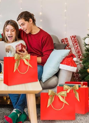 10pcs Gift Bag With Gold Ribbin Luxury Paper Party bag With Handles For Wedding Birthday Baby Shower Halloween Christams((32 * 25 * 10cm) (Red)