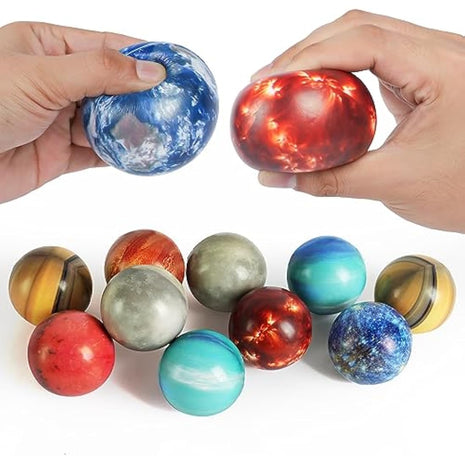 Ainiv Squeeze Stress Balls, 12pcs Stress Relief Ball, Sensory Stress Ball for Kids and Adults, Hand Exercise Stress Relief Balls, Squeeze Toys for Anxiety, Fidget, Tension, Manage Anger-Planet
