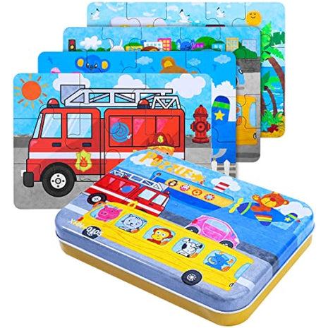 BBLIKE Puzzles Jigsaws for 2 3 4 Year Old - Pack of 4 Puzzles Toy in a Box for Age 2-5, Travel Games for on Plane Educational Learning Birthday Gift Present for Children Boys Girls (Transportation)