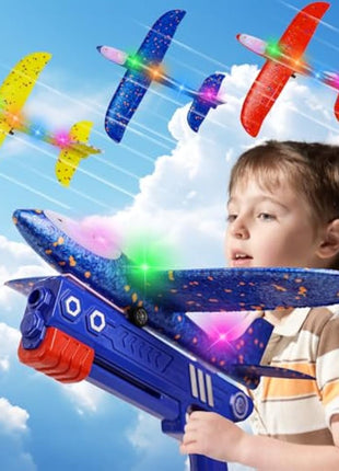 3 Pack Airplane Launcher Toys, LED Throwing Glider Plane, Catapult Aeroplane Toy with Gun, Foam Flying Toy Outdoor Garden Sports Shooting Game,Fun Birthday Gift 4-12 Years Old Kids Boys Girls