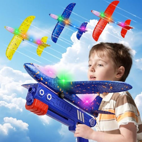 3 Pack Airplane Launcher Toys, LED Throwing Glider Plane, Catapult Aeroplane Toy with Gun, Foam Flying Toy Outdoor Garden Sports Shooting Game,Fun Birthday Gift 4-12 Years Old Kids Boys Girls
