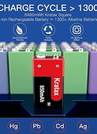 9V Rechargeable Li-ion Battery,Kratax 850mAh 9V Battery Rechargeable,2 Pack 9V Batteries with Protection Board for Smoke Detector Alarm,Fire Alarm,Multimeter,Radio Microphone,Kids Toys Battery