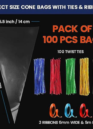 14x26cm Sweet Cone Bags with Twist Ties and Ribbons, 100Pcs Cellophane Crystal Clear Sweet bags, Triangle Sweet Party Cones Bags Perfect for Halloween, Christmas, Candies and many more