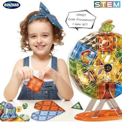 110PCS Magnetic Tiles Toys,Clear 3D Lighted Magnetic Building Blocks Educational Construction Set,Creativity Learning Magnet Dinosaur Toys for Kids Ages 3 4 5 6 7 8+ Year Old Boys Girls Toddlers