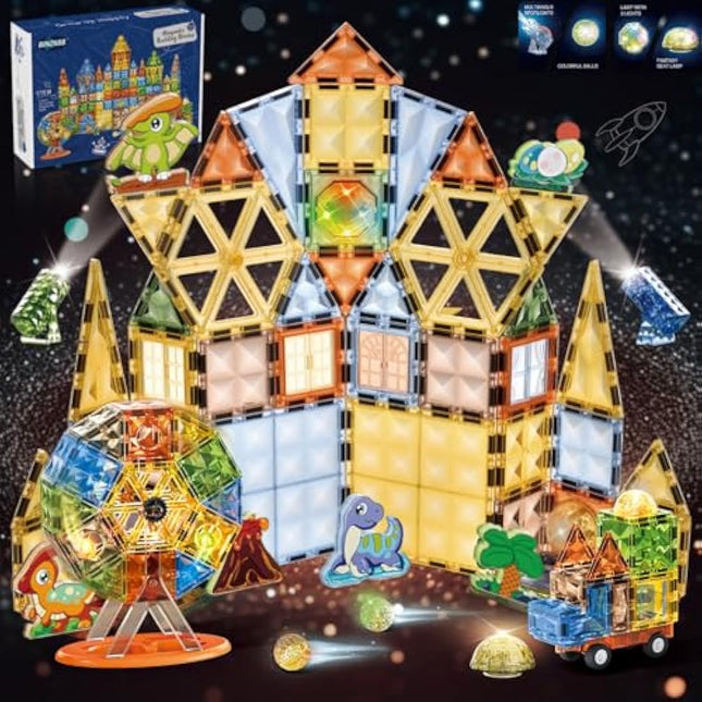 110PCS Magnetic Tiles Toys,Clear 3D Lighted Magnetic Building Blocks Educational Construction Set,Creativity Learning Magnet Dinosaur Toys for Kids Ages 3 4 5 6 7 8+ Year Old Boys Girls Toddlers
