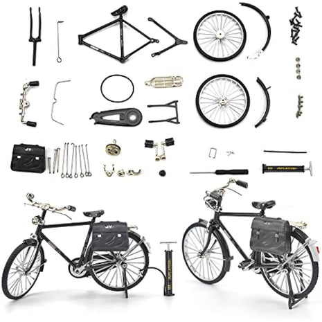 1PCS Retro Bicycle Model Ornament for Kids, 51 Pcs Simulation Mini Bike Model Scale Kit with Inflator & Briefcase, 1:10 Creative Iron Art Tabletop Ornament Toys for Gifts Home Office Decor (BLACK)