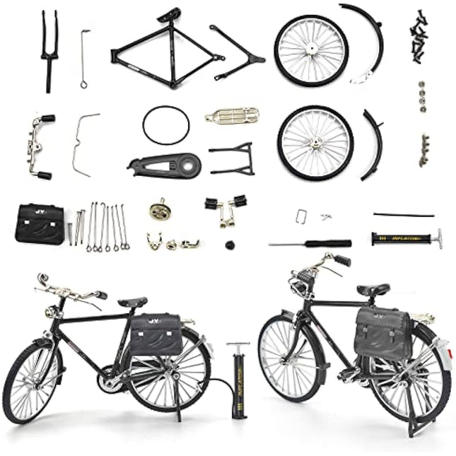 1PCS Retro Bicycle Model Ornament for Kids, 51 Pcs Simulation Mini Bike Model Scale Kit with Inflator & Briefcase, 1:10 Creative Iron Art Tabletop Ornament Toys for Gifts Home Office Decor (BLACK)