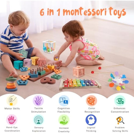 Aliex 6 in 1 Montessori Toys for Babies 12 Months, Baby Toys Stacking Rings Blocks Wooden Shape Sorter Activity Cube Xylophone Gifts for Baby Boys Girls