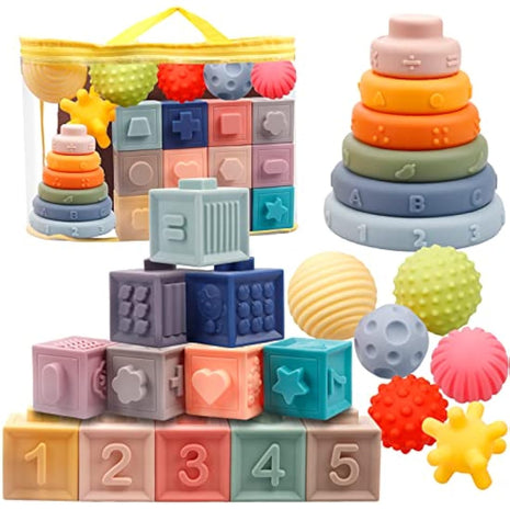 24 Pack Montessori Toys for Babies, Soft Building Blocks for Baby, Sensory Teethers Toy Educational Squeeze Play Stacking Toys Gifts for Baby Boys Girls 6 9 12 Months 1 2 3 Year Old