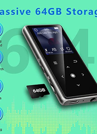 64GB MP3 Player with Bluetooth 5.2, AiMoonsa Music Player with Built-in HD Speaker, FM Radio, Voice Recorder, HiFi Sound, E-Book Function, Earphones Included