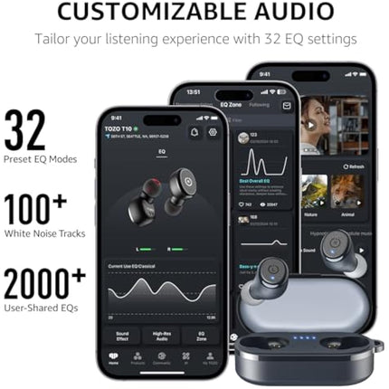 TOZO T10 Wireless Earbuds Bluetooth 5.3 Headphones, App Customize EQ, Ergonomic Design, 55H Playtime, Wireless Charging Case, IPX8 Waterproof Powerful Sound in-Ear Headset Blue(New Upgraded)