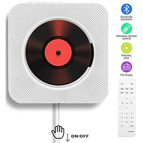 Adirigo Desktop Portable CD Player with Bluetooth - Multifuctional Wall Mounted Music CD Player Built in HiFi Speakers Home Audio Boombox with Remote Control Input Output with Pulling Switch（White）
