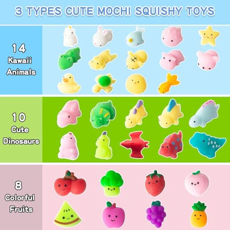 32Pcs Mochi Squishy Toys, Kawaii Animals Dinosaur Fruits Mini Squeeze Toys Pack, Soft Squishies Stress Relief Sensory Fidget Toys Party Bags Fillers for Kids Birthday Party Favors Gifts