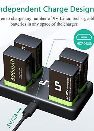9V Rechargeable Battery Charger Pack, LP 4-Pack 600mAh 9 Volt Li-ion Batteries & 4-Bay Battery Charger for Alarms, Wireless Microphones, Smoke Detectors, Toys, Flashlights, Guitar, Keyboard & More