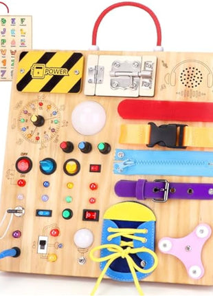 23 in 1 Busy Board Montessori Toys from 1 year Activity Board Wooden Toy With 15 Switches, 26 LED Lights, Motor Skills Toy for 1 2 3 year old boys and girls