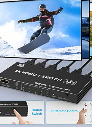 8K HDMI Switch 5 in 1 out HDMI Splitter with Remote, 5 Port Switcher for PS5 Xbox PS4 Roku PC TV