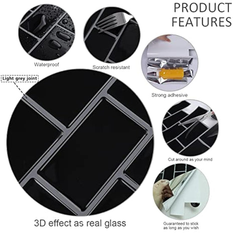 (10-Sheets) Peel and Stick Subway Tile Stickers, Self Adhesive Wall Tiles, Stick on Tile Splashback for Kitchen & Bathroom Black