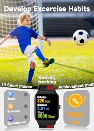 BIGGERFIVE Kids Smart Watch, Fitness Tracker Watch Pedometer, Heart Rate, 5ATM Waterproof, Sleep Monitor, Alarm Clock, Calorie Step Counter, Puzzle Games, 1.5" HD Touch Screen for Boys Girls Ages 5-14