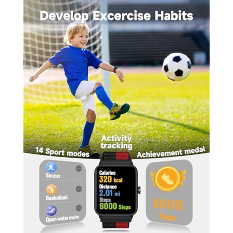 BIGGERFIVE Kids Smart Watch, Fitness Tracker Watch Pedometer, Heart Rate, 5ATM Waterproof, Sleep Monitor, Alarm Clock, Calorie Step Counter, Puzzle Games, 1.5" HD Touch Screen for Boys Girls Ages 5-14