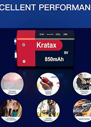 9V Rechargeable Li-ion Battery,Kratax 850mAh 9V Battery Rechargeable,2 Pack 9V Batteries with Protection Board for Smoke Detector Alarm,Fire Alarm,Multimeter,Radio Microphone,Kids Toys Battery