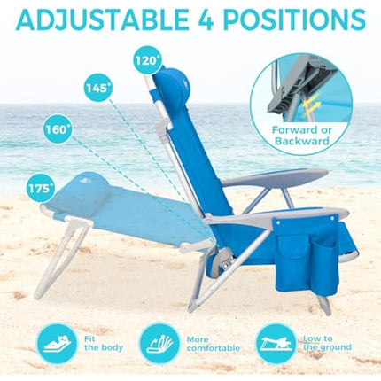#WEJOY 4-Position Adjustable Beach Chair for Adults, Folding Low Camping Chairs Aluminum Lightweight & Portable, High Back Pillow Pocket Outdoor Reclining Garden Chair