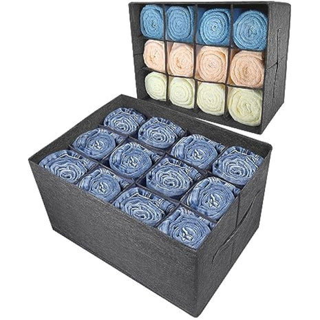 EASEVE 2 Pack Wardrobe Organiser Clothes Storage Boxes - 12 Cell Foldable Closet Shelf Drawer Dividers for Cupboard Organizer, Stackable Clothing Box for Jeans, Trouser, Pants, T-shirt, Sweater