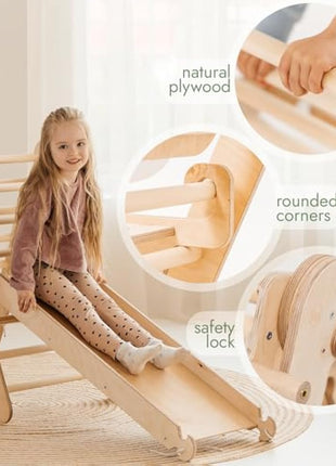 5-in-1 Indoor Climbing Frame for Toddlers - Wooden Triangle, Arch & Climbing Ramp & Net & Cushion, Montessori Climbing Frame, Kids Wooden Gym, Foldable Climbing Toys for Kids 1-5 Age