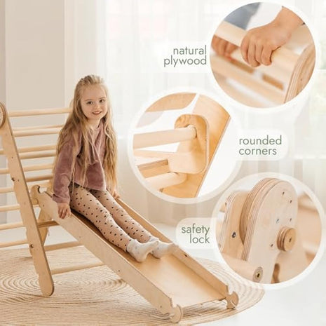 5-in-1 Indoor Climbing Frame for Toddlers - Wooden Triangle, Arch & Climbing Ramp & Net & Cushion, Montessori Climbing Frame, Kids Wooden Gym, Foldable Climbing Toys for Kids 1-5 Age