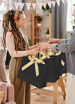 10pcs Gift Bag With Gold Ribbin Luxury Paper Party bag With Handles For Wedding Birthday Baby Shower Halloween Christams((32 * 25 * 10cm, Black)