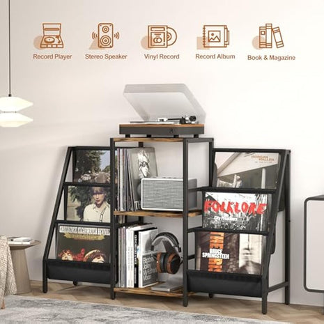 Bikoney Record Player Stand with 280 Album Vinyl Storage, Turntable Cabinet with CD Rack Media Console for Home Audio, Stereo & Vinyl Record Display