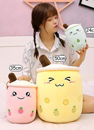 AMOZO Cute Cartoon Boba Milk Tea Soft Plush Doll, Giant Boba Bubble Plushie Stuffed Tea Cup Pillow Gift Toys(Pink,35cm)