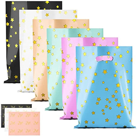 BOENFU 60 Pcs Party Gift Bags With Thank You Stickers - 6 Colors Starry Goodie Favor Treat Bags With Handle for Christmas, Halloween, Birthday, Wedding