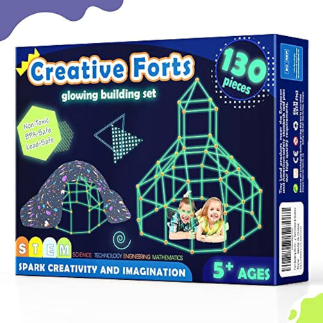 130 Pcs Fort Building Kit for Kids - Glow in the Dark, Kids Construction Toys for Age 5-10, DIY Den Building Kit for Boys & Girls, STEM Building Toys - Creative Fort, Play Tent Outdoor